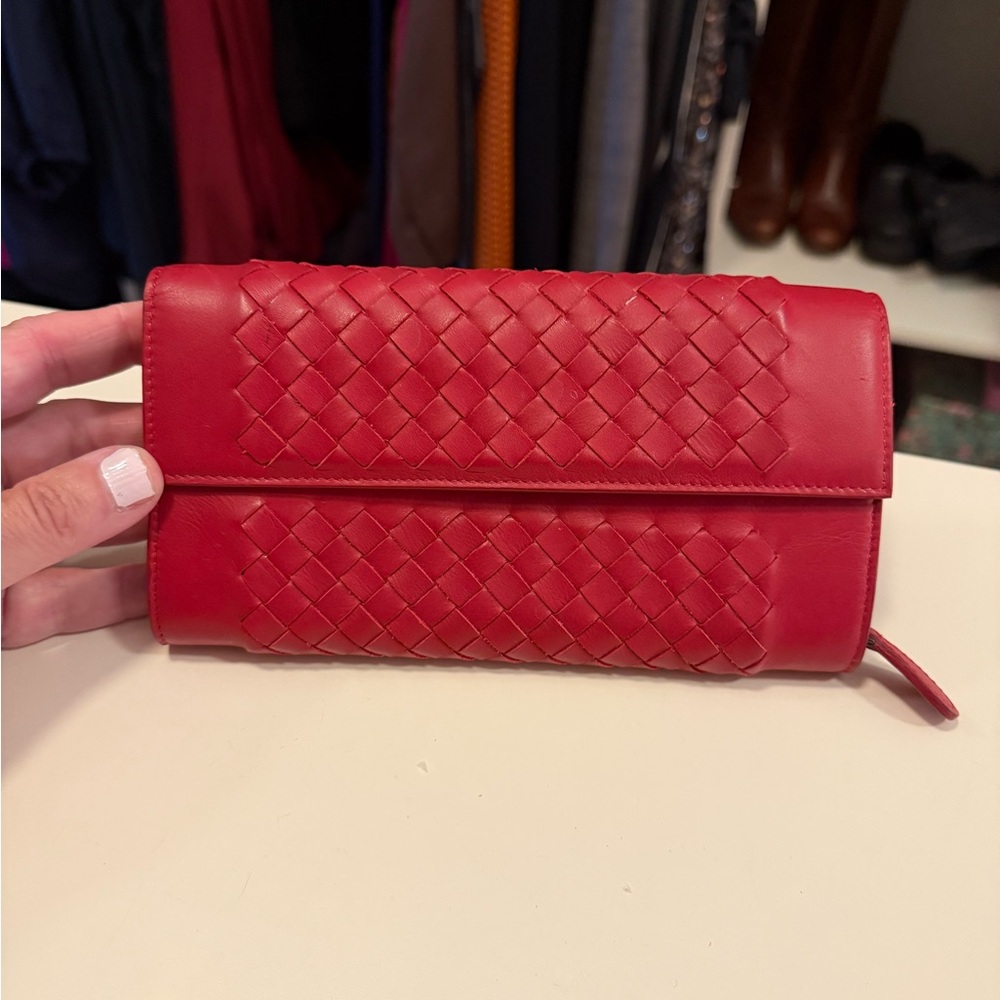 Bottega Veneta Red Intracciato Leather Clutch